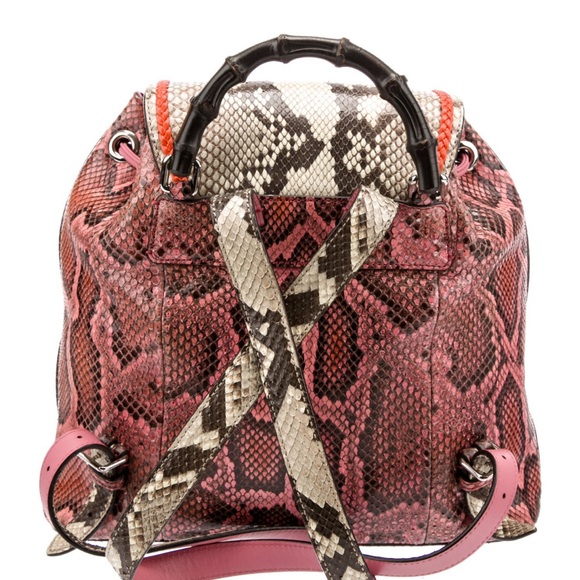 🐍GUCCI PYTHON BACKPACK NWT BAMBOO HANDLE ! PINK and TAN PYTHON w/ Orange trim! - Picture 2 of 8